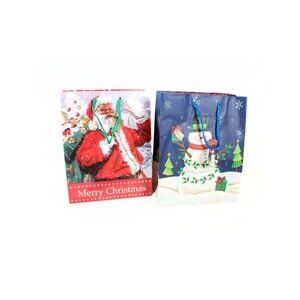 Set of 2 Used Christmas Gift Bags Santa Snowman Reusable Crafting Scrapbooking